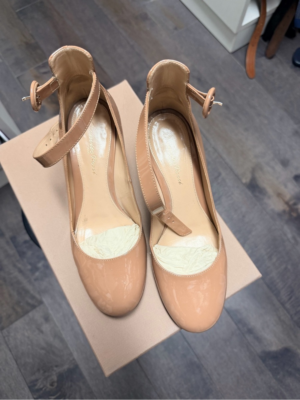 Gianvito Rossi Nude Patent Ankle-Strap Round-Toe Pumps